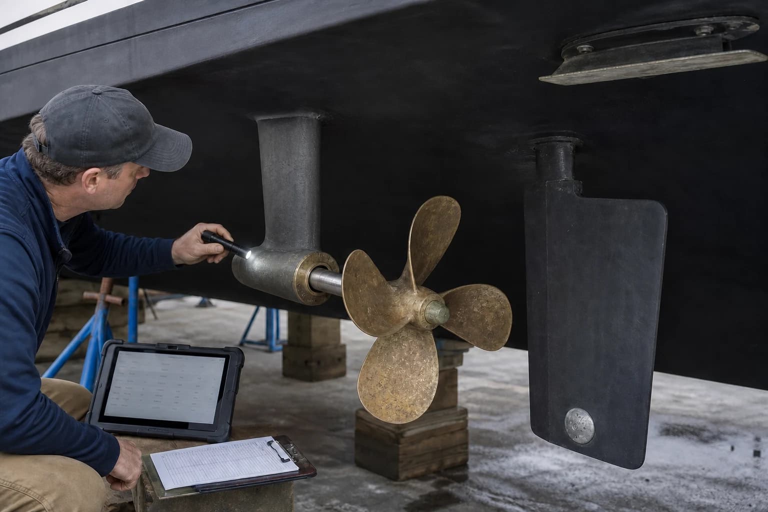 Boatyard technician inspecting a motor yacht's propeller shaft and running gear