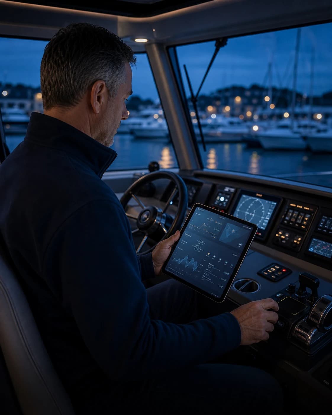 Owner-operator reviewing the fleet command dashboard aboard
