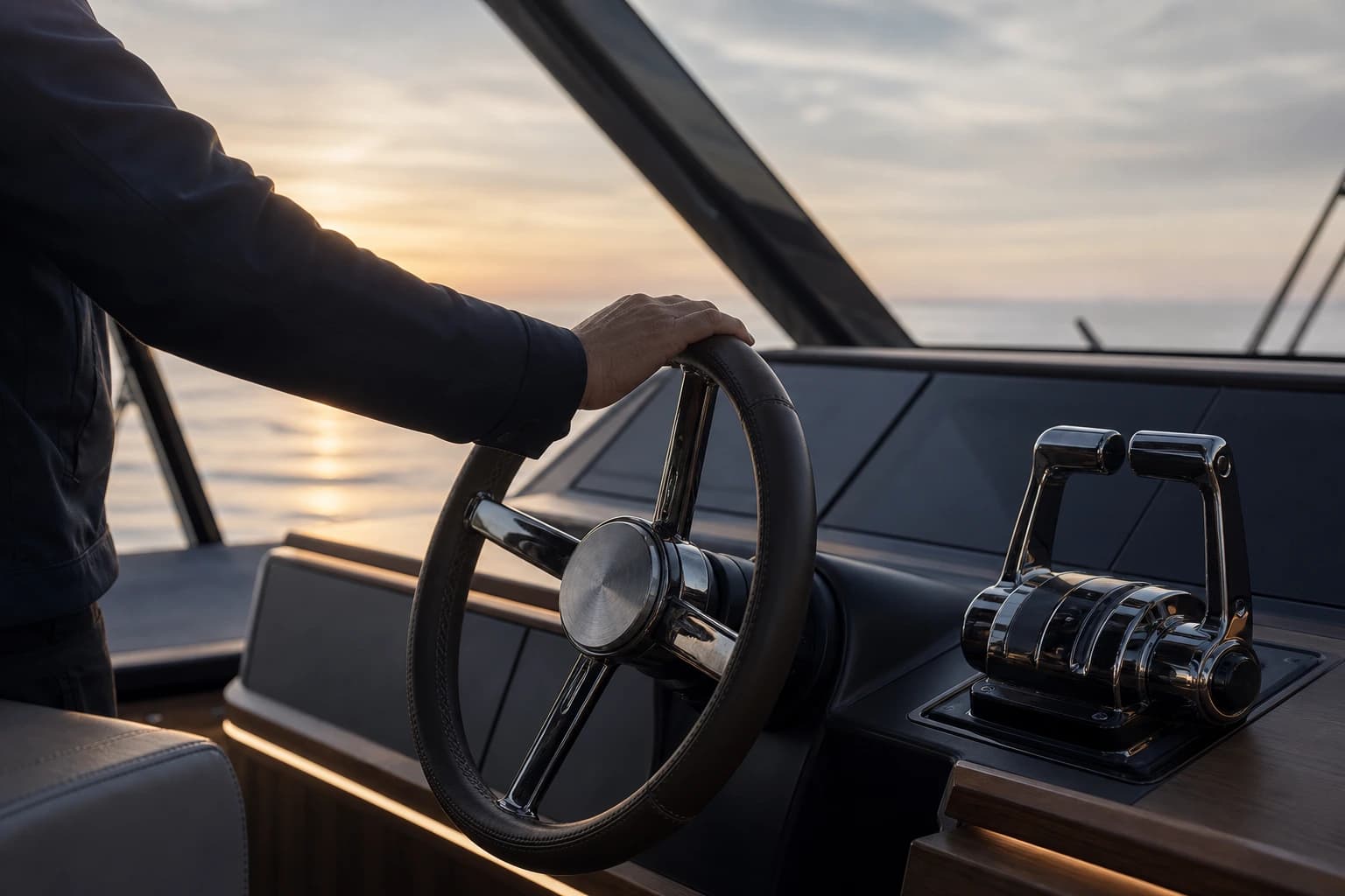 A hand resting on a yacht helm at dawn.