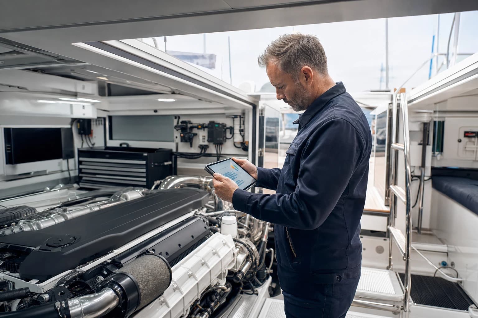 Marine technician reviewing a yacht maintenance record beside the engine