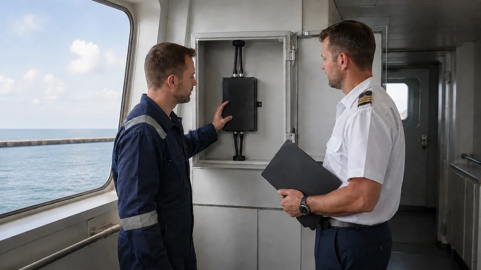 A marine electronics technician and vessel officer inspect an AIS transceiver installation during a routine dockside identity check