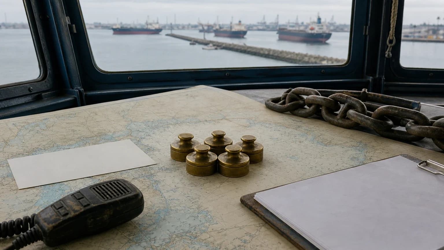 Harbor chart, wind card, radio handset, anchor chain, and five procedure markers on a ship bridge table