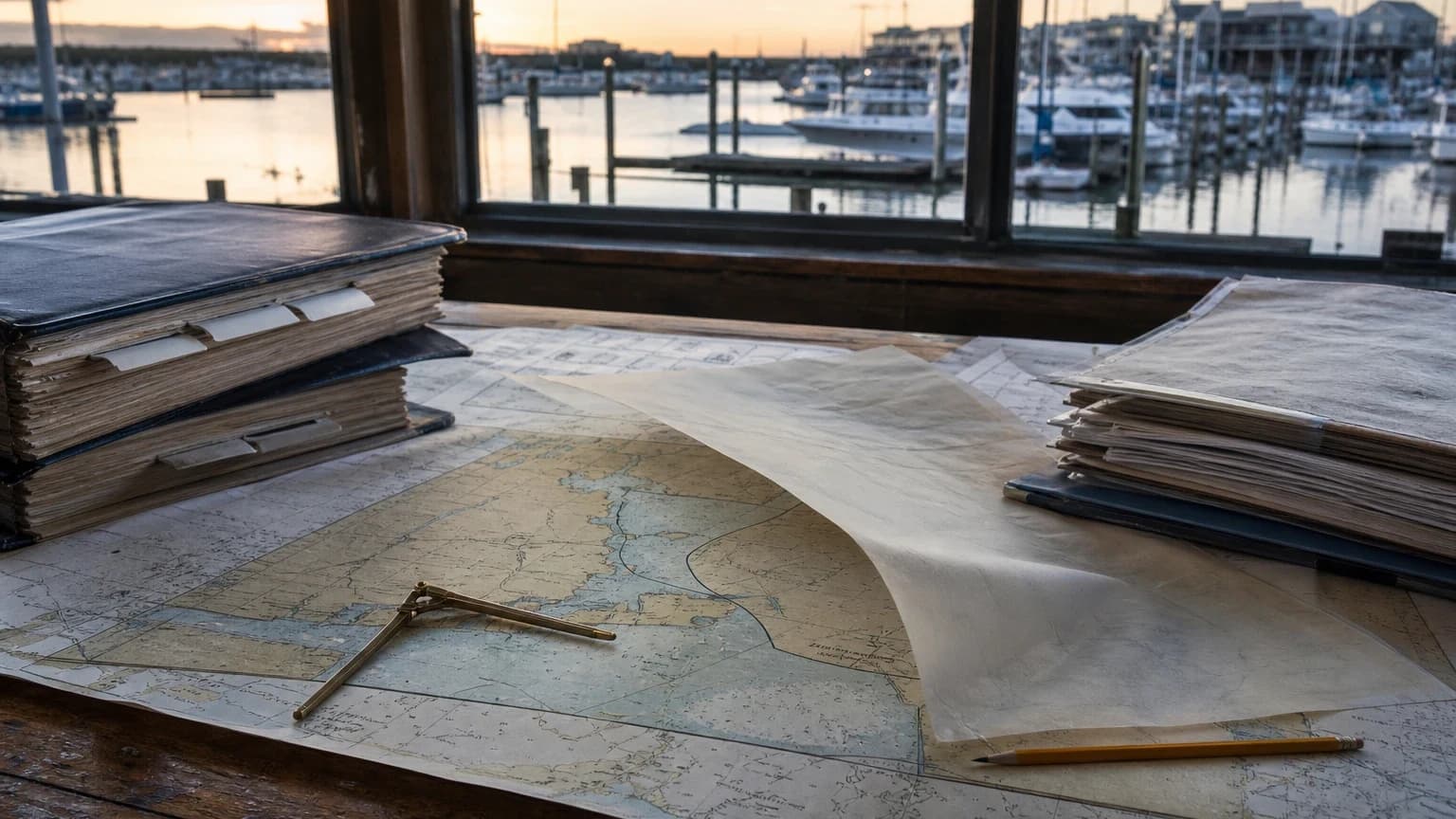 Marine maps and regulatory binders on a working wheelhouse desk overlooking a harbor