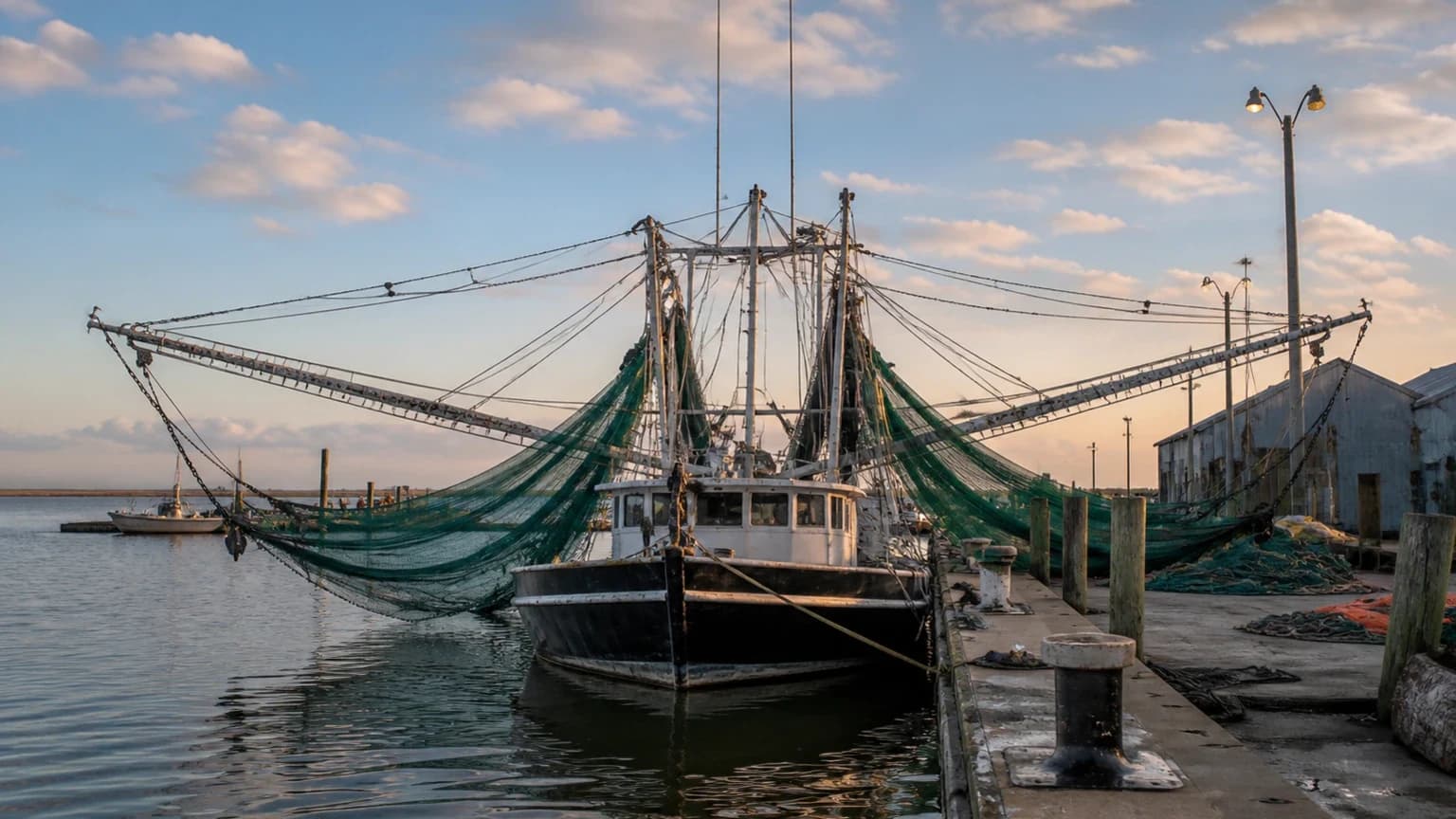 Weathered shrimp trawler tied beside a commercial dock at dawn