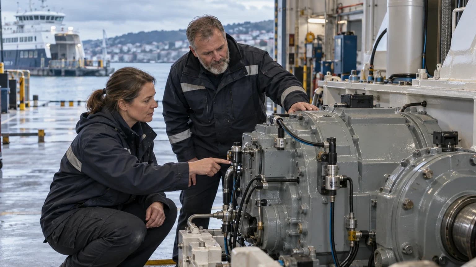 A fleet technical director and vessel engineer inspect a condition-monitoring sensor beside a marine gearbox