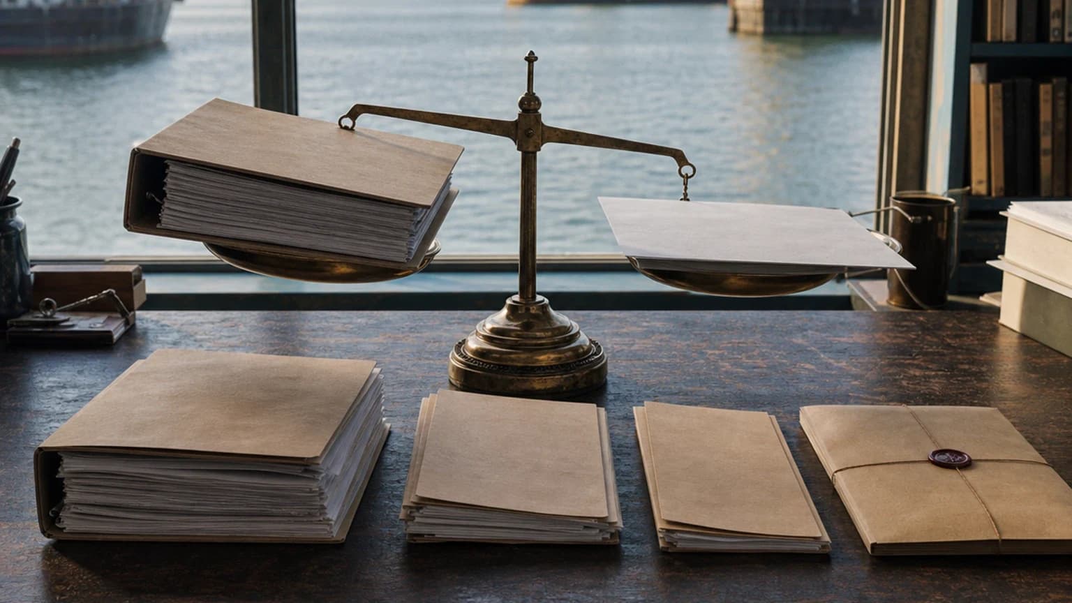 Brass balance, thick vendor dossier, sparse sheet, and response folders on a harbor office desk