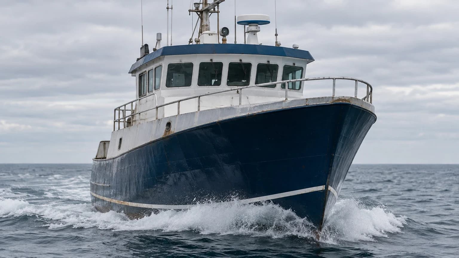 The bow and wheelhouse of a commercial scallop vessel underway in open Atlantic water