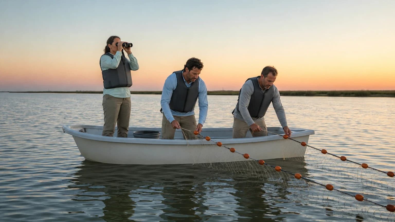 Fisheries survey crew sets a marked gill net from a small boat while an observer scans the water with binoculars