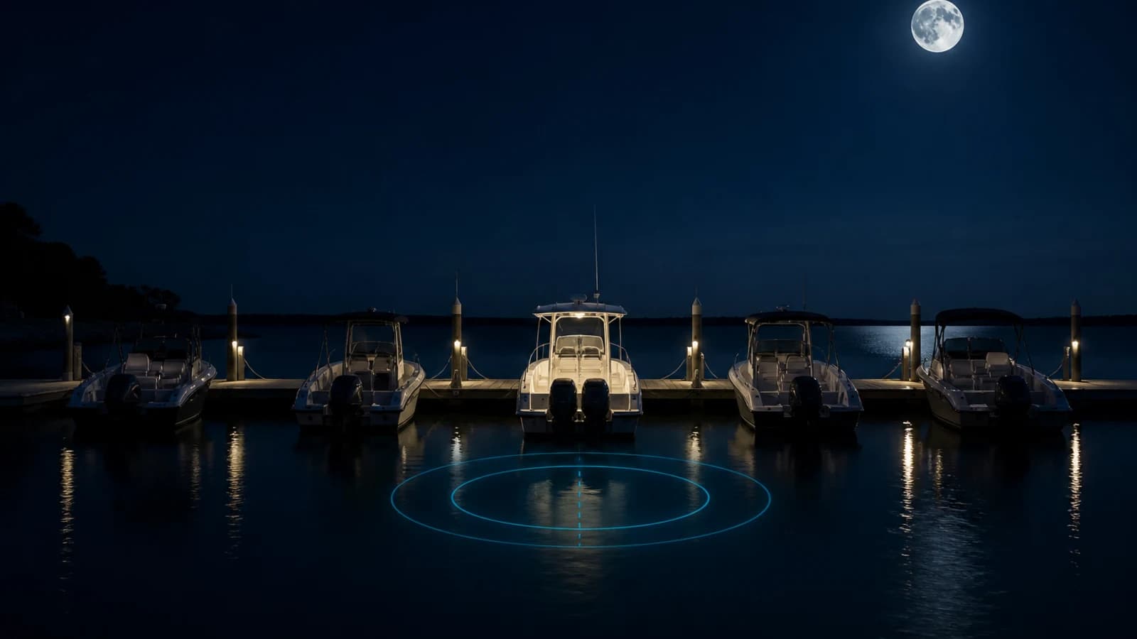 Five recreational boats moored along a dock at night; the center boat is illuminated and two cyan rings mark the water beneath it.