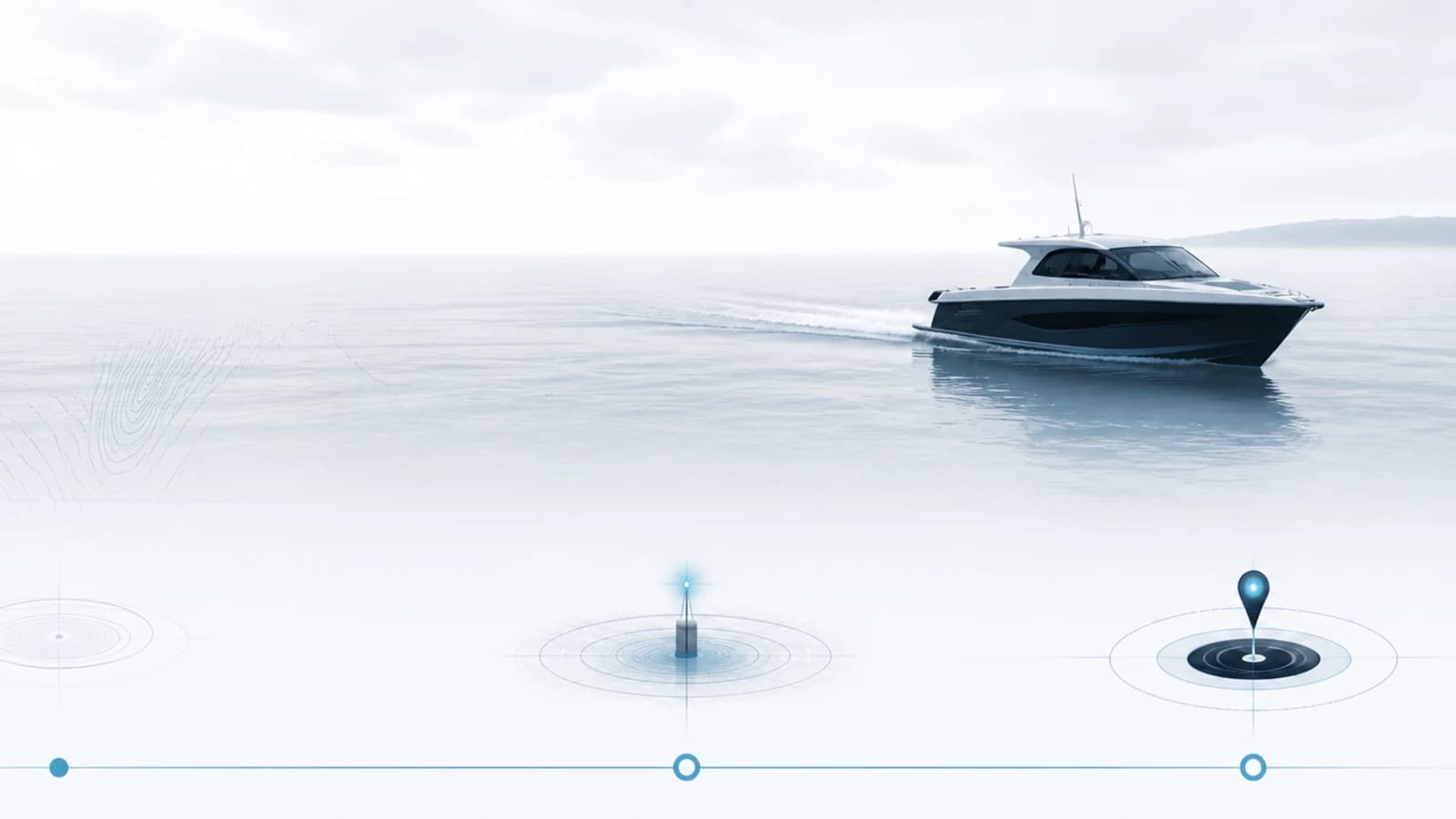 A boat crosses a pale marine field above three evidence markers representing the boundary of public operating data.