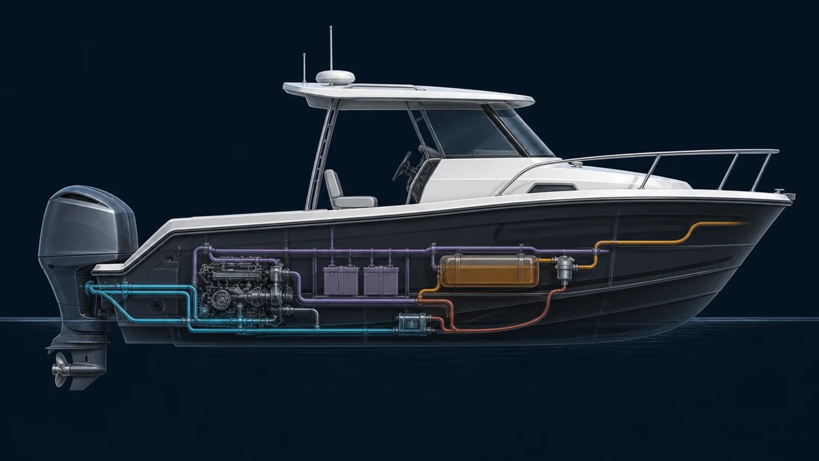 Technical cutaway of a recreational boat with cyan, lavender, amber, and coral routes representing mechanical, electrical, fuel, and cooling systems.