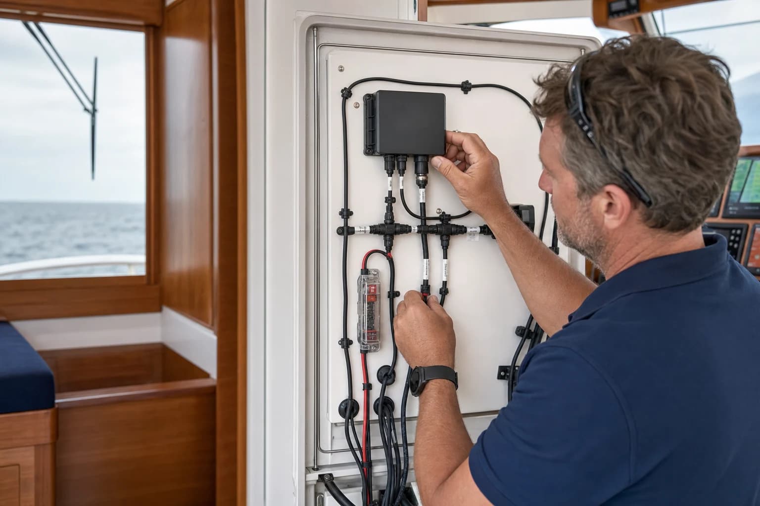 Marine electronics installer connecting a compact gateway to an existing vessel network