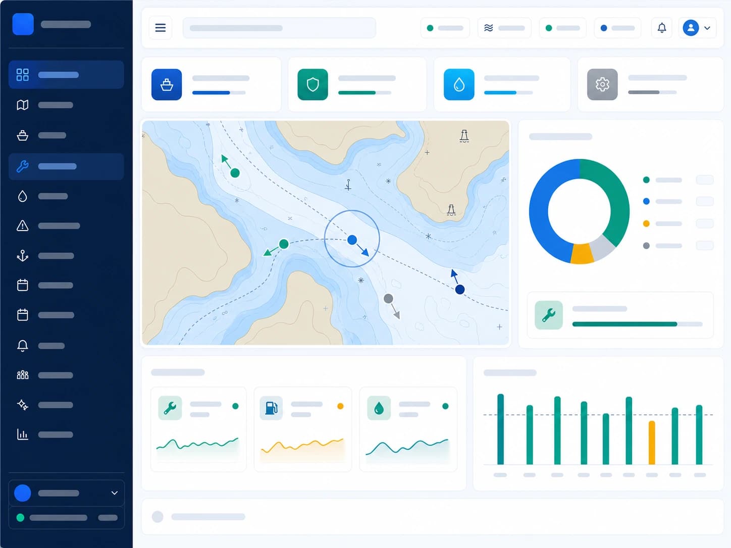White-label marine fleet intelligence console with map, fleet health, maintenance, and fuel signals