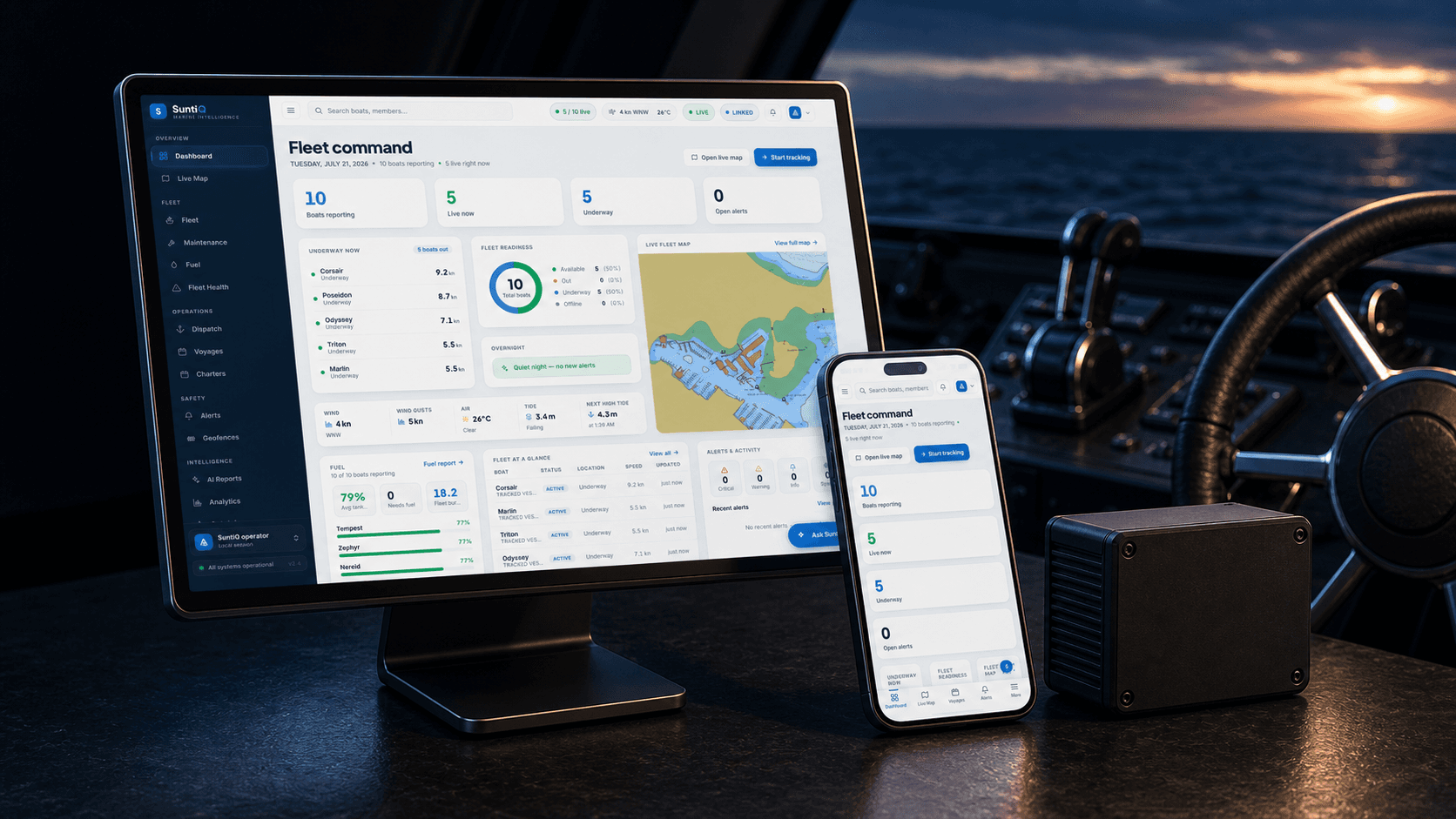 Suntiq fleet management dashboard and mobile app shown at the helm