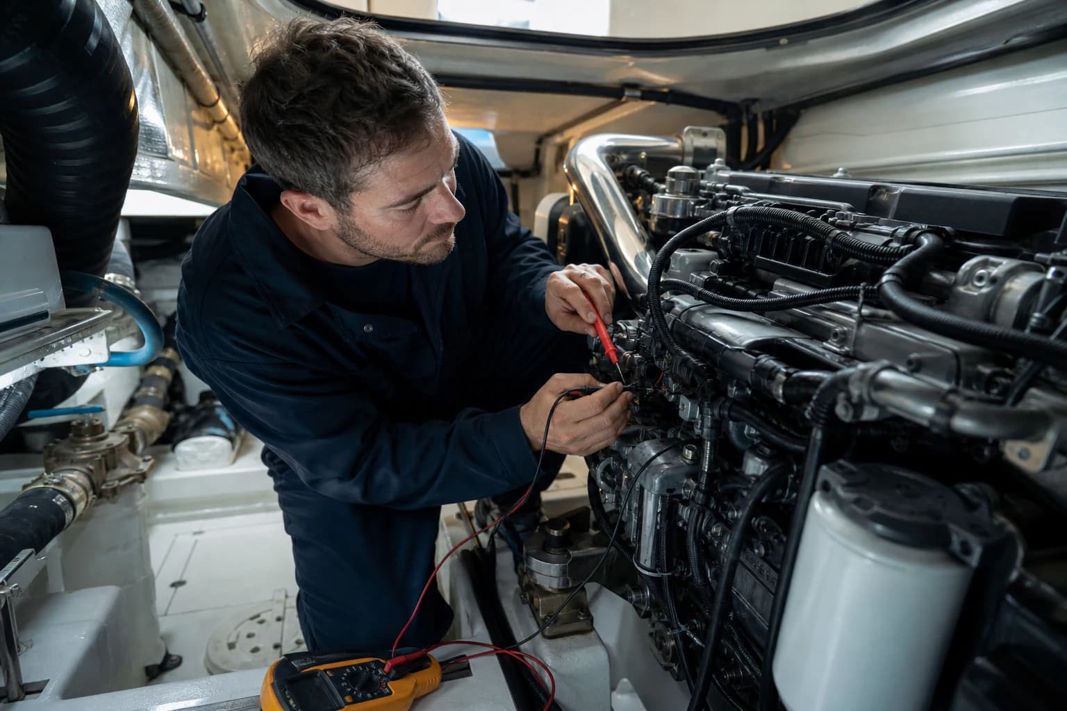 Marine mechanic working in an engine bay